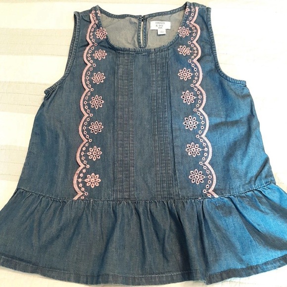 Crown & Ivy Girls Blue Top W/ Cute Pink Embroidery. Size Large Sleeveless - Picture 1 of 8